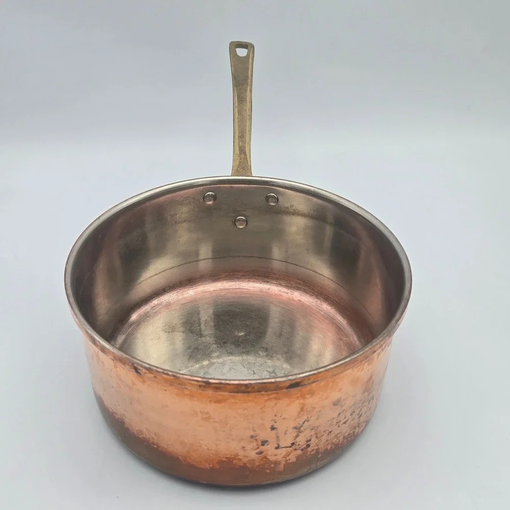 Vintage Solid Copper Saucepan Pot Brass Handle ODI Portugal No Lid Has Patina